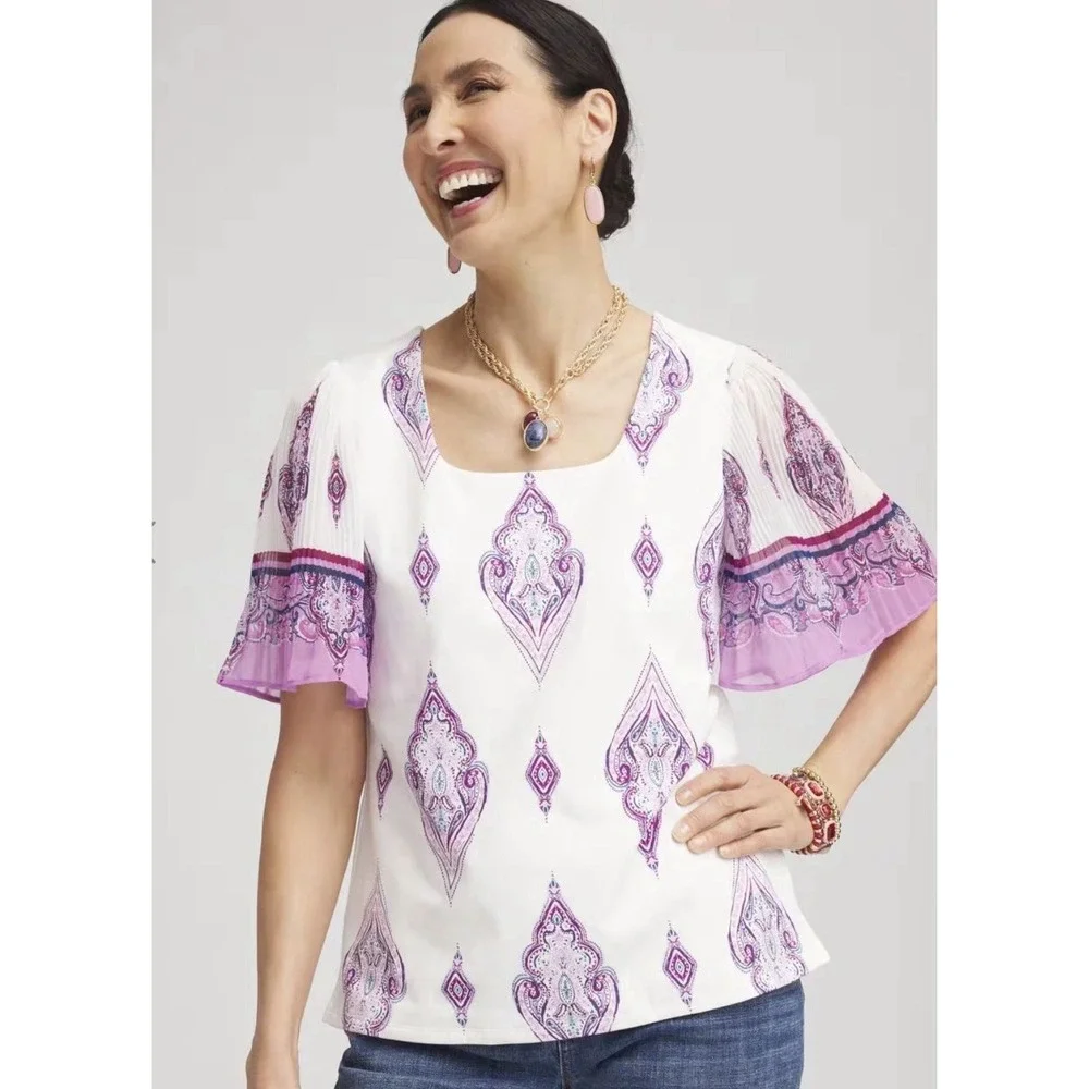 Chico's Knit Square Neck White Purple Paisley Chiffon Flutter Sleeve Top SZ-3-XL